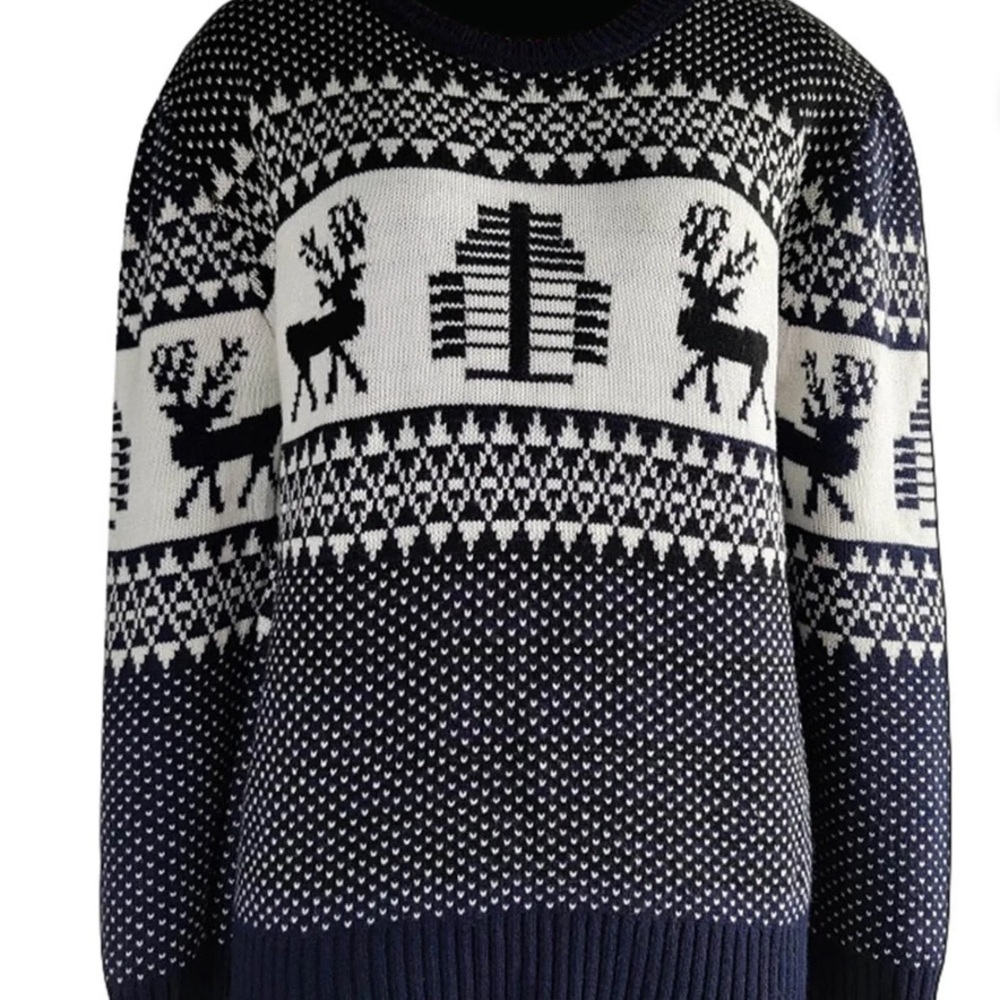 Christmas Geometric Fair Isle Reindeer Sweater Size M Blue & White - Picture 2 of 4